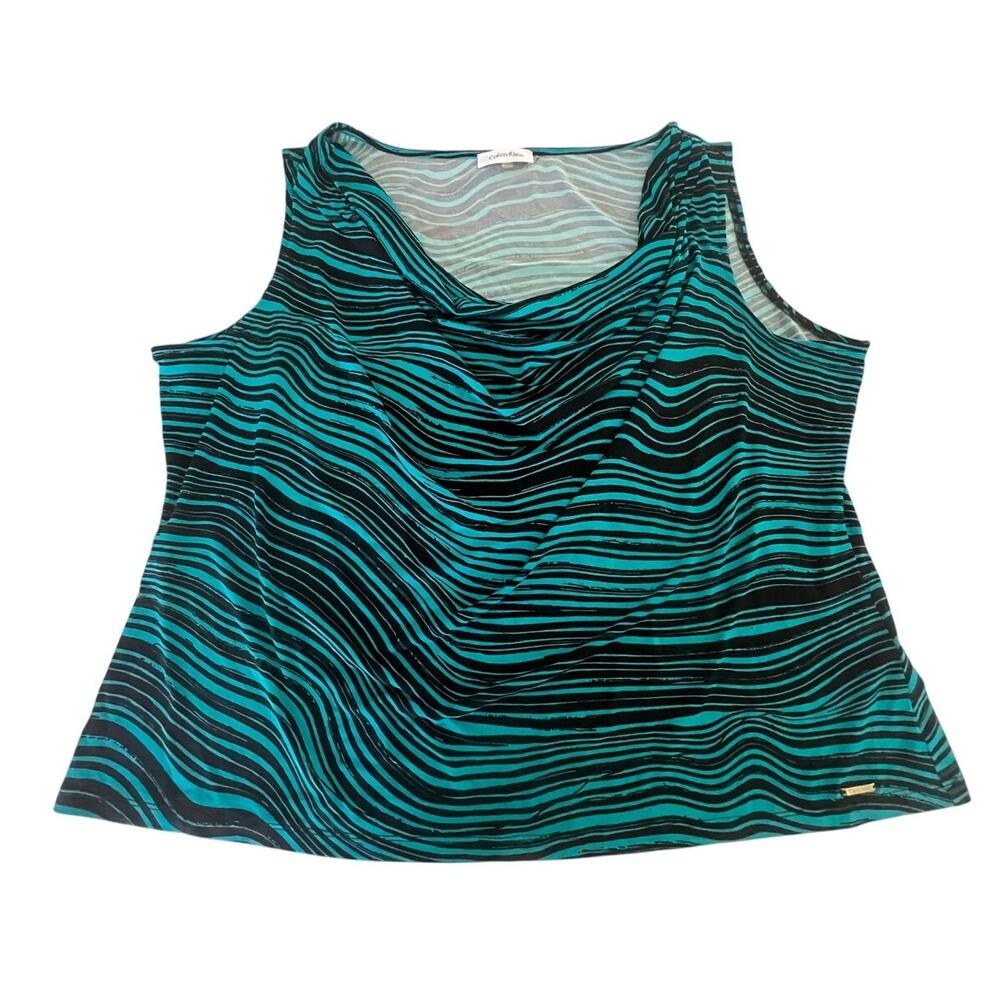 Calvin Klein Teal & Black Wavy Print Slinky Knit Top Sleeveless Woman Size 2X